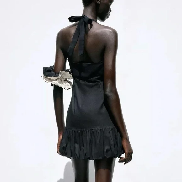 NWT Zara Linen Drop Waist Halter Neck Bubble Hem Mini Dress in Black - M - Picture 3 of 8